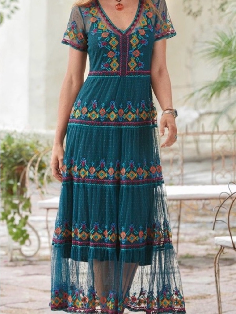 Sundance Teal Mesh Maxi Dress with Multicolor Embroidery
